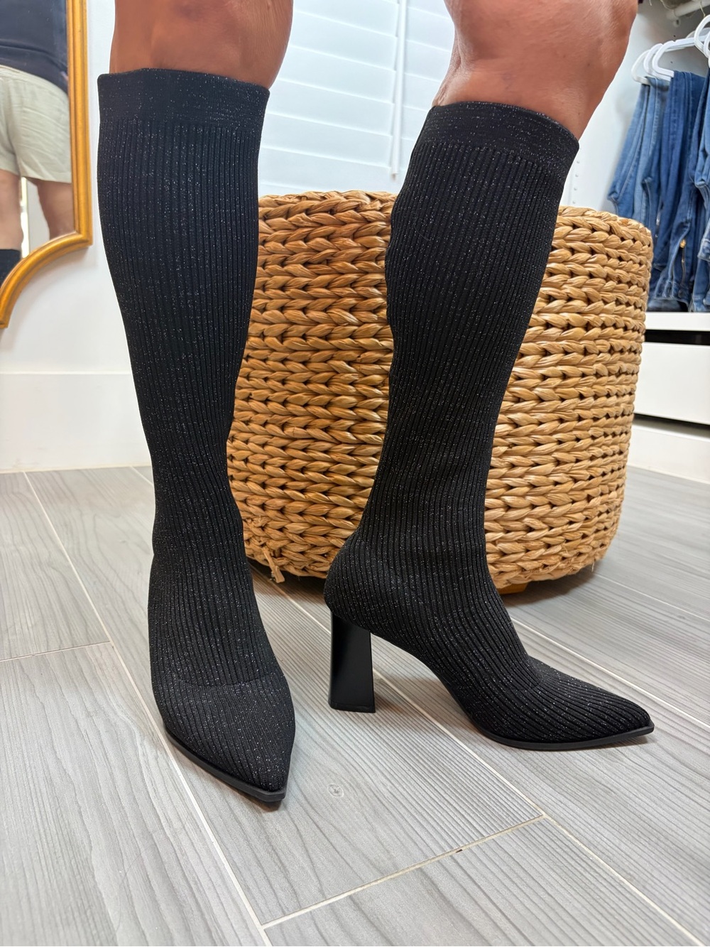 Knit Pointed-Toe Knee-High Sock Boots in Black